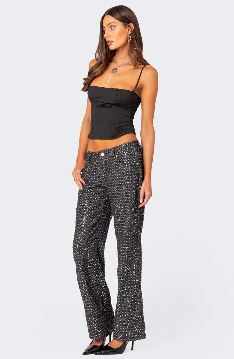 EDIKTED Nyah Sequin Low Rise Wide Leg Jeans, Alternate, color, Black