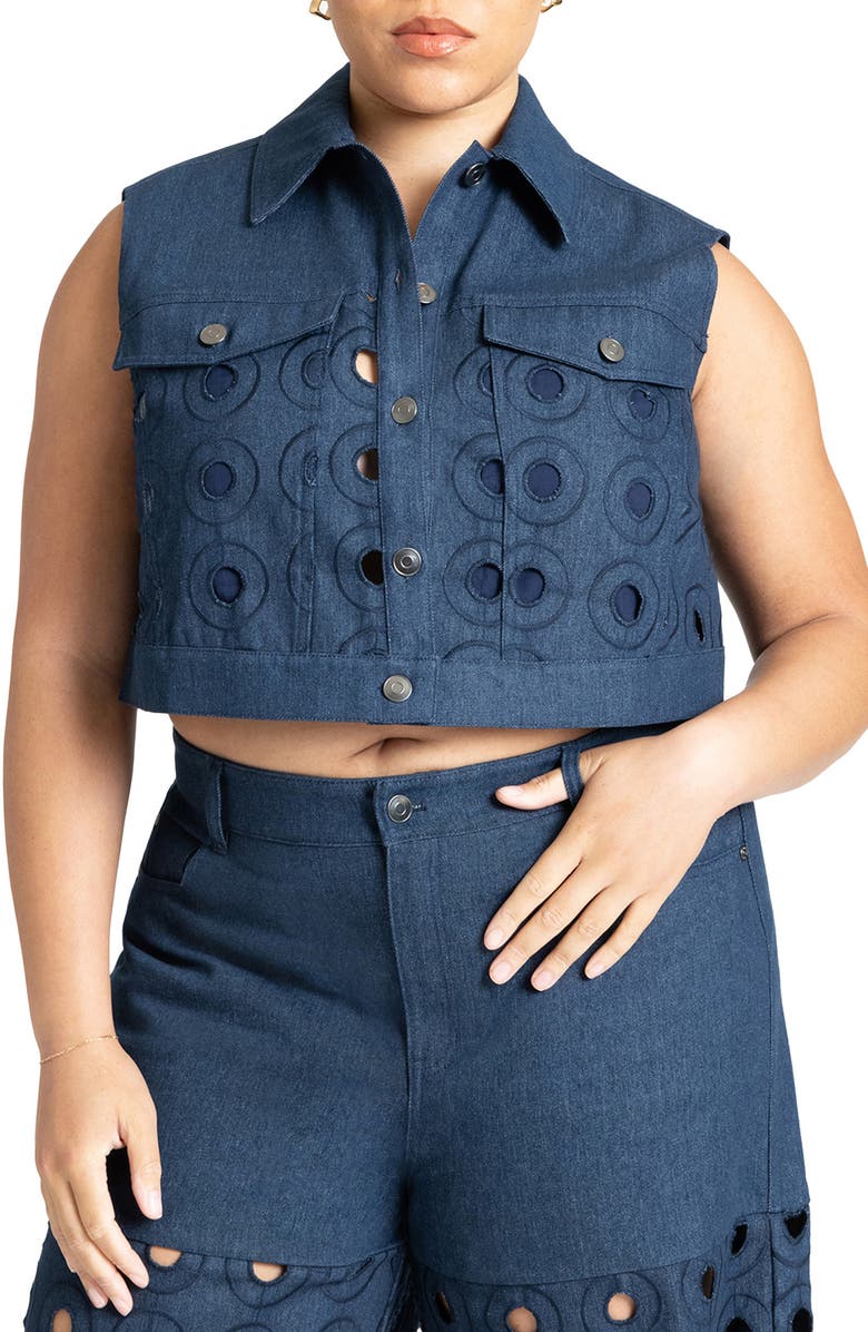 ELOQUII Circular Cutout Crop Denim Vest, Main, color,