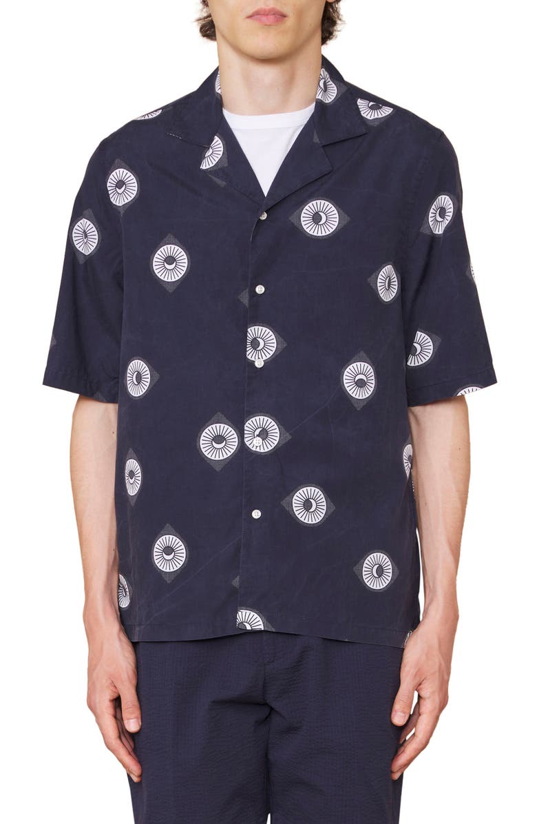 Officine Générale Eren Sun & Moon Print Short Sleeve Button-Up Shirt, Main, color, Night Sky/ Ecru