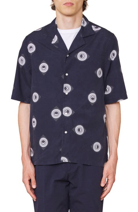 Eren Sun & Moon Print Short Sleeve Button-Up Shirt