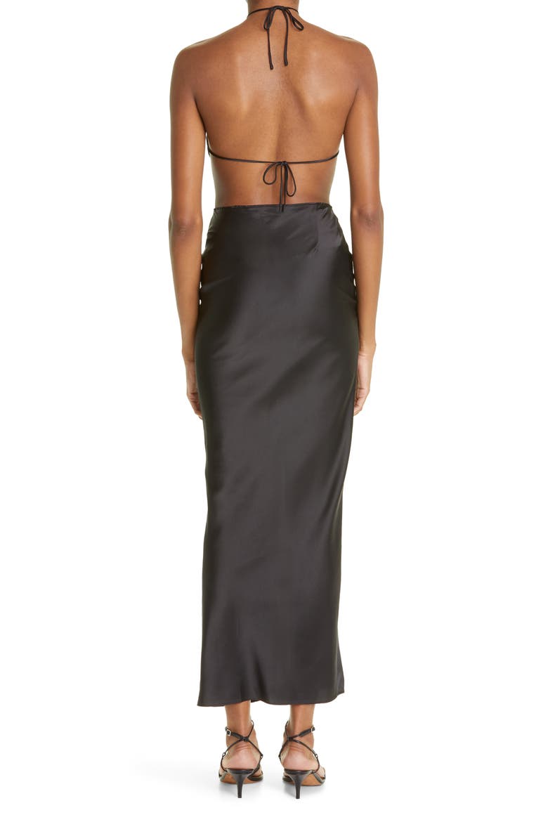 Mother of All Artemisa Cutout Halter Stretch Silk Satin Midi Dress ...