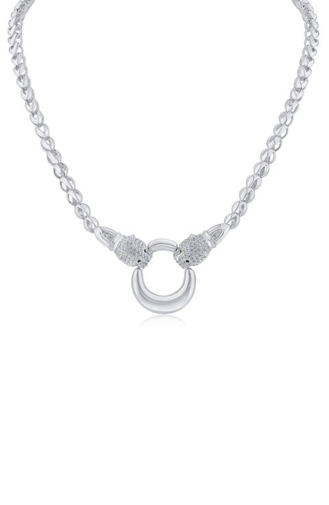 Pavé Cubic Zirconia Panther Head Circle Pendant Necklace