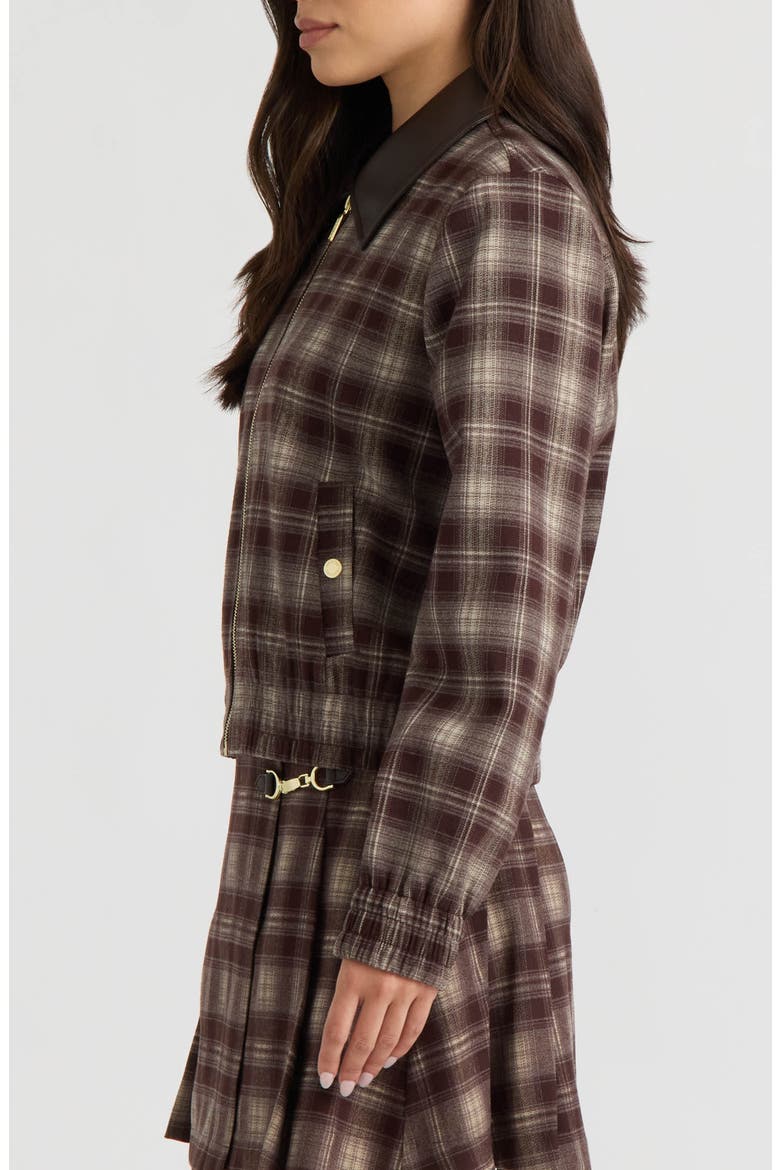 Plaid Faux Leather Collar Bomber Jacket, Alternate, color, BROWN PLAID