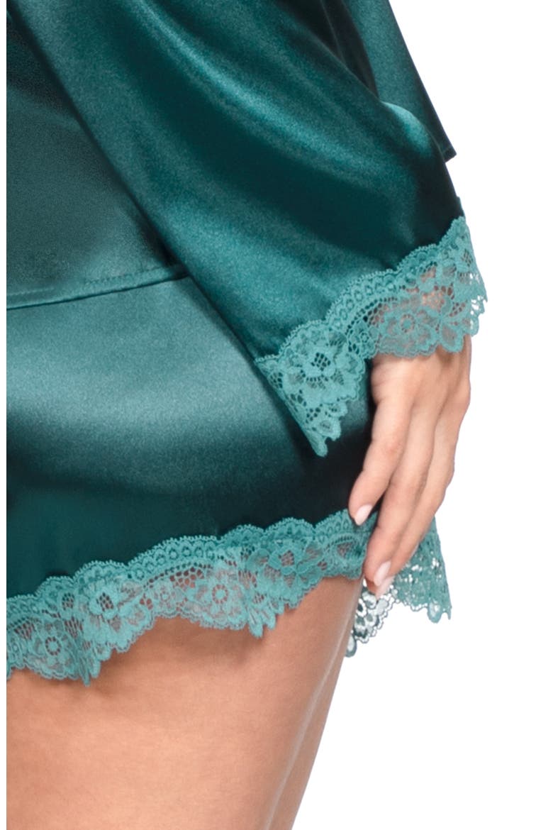 Felicity Lace Trim Long Sleeve Satin Shorts Pajamas, Alternate, color, PINE GREEN