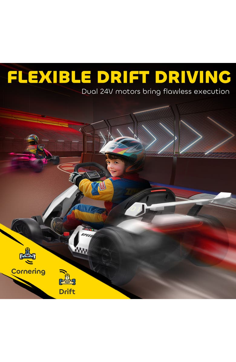 Aosom 24V 7.5 MPH Drifting Electric Go Kart with Adjustable Seat Slow Start Button Start Music Horn Lights, Alternate, color, White