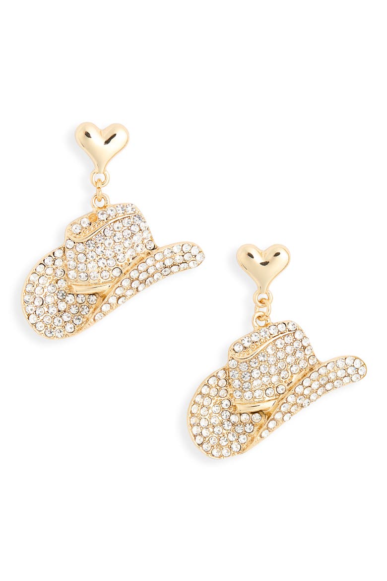 Cowboy Crystal Pavé Hat Drop Earrings, Main, color, CLEAR- GOLD