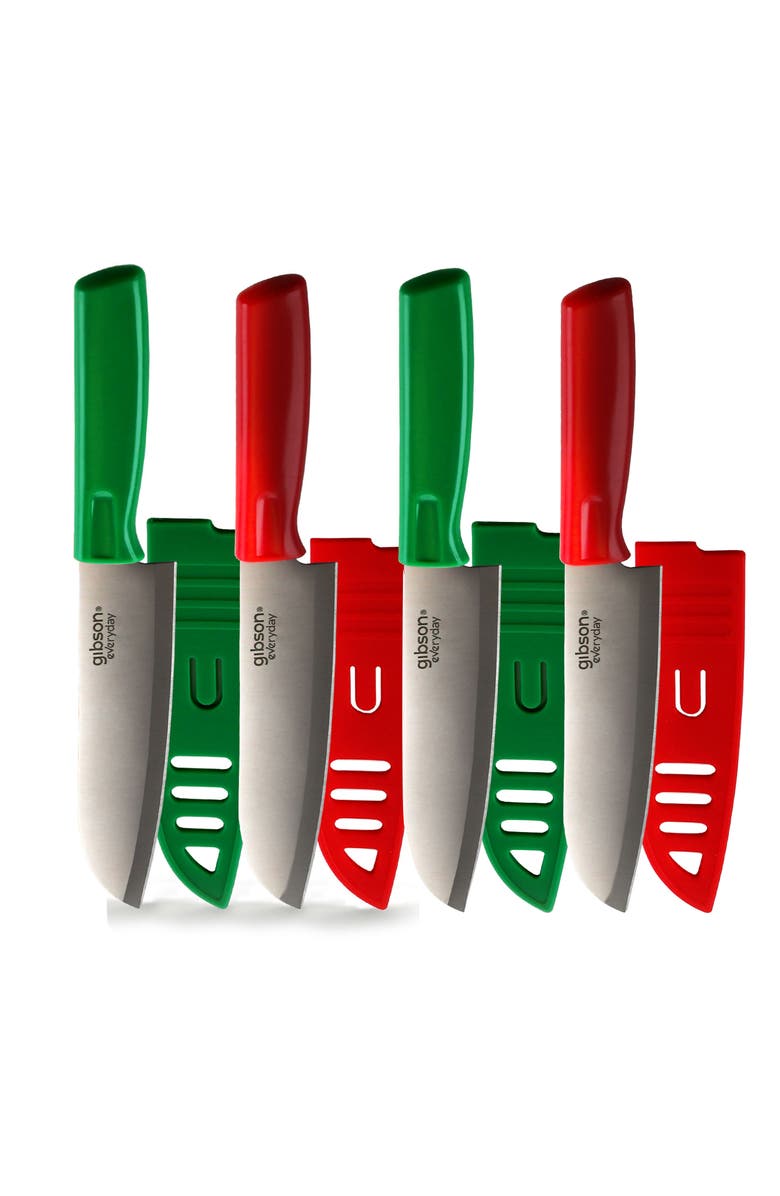 Gibson Everyday Grantville 4 Piece 6 Inch Santoku Knife with Sheath, Main, color, Red And Green