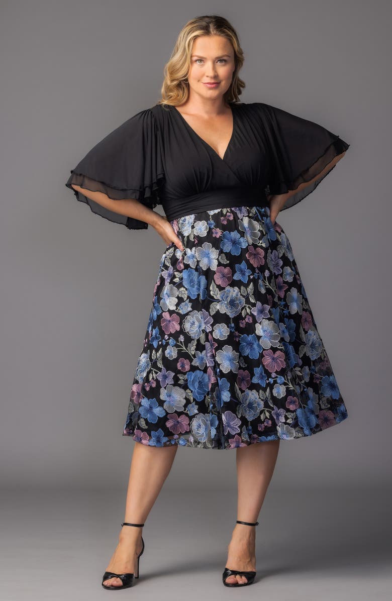 Kiyonna Lillian Embroidered Flutter Sleeve Cocktail Dress, Alternate, color, Floral Frolic