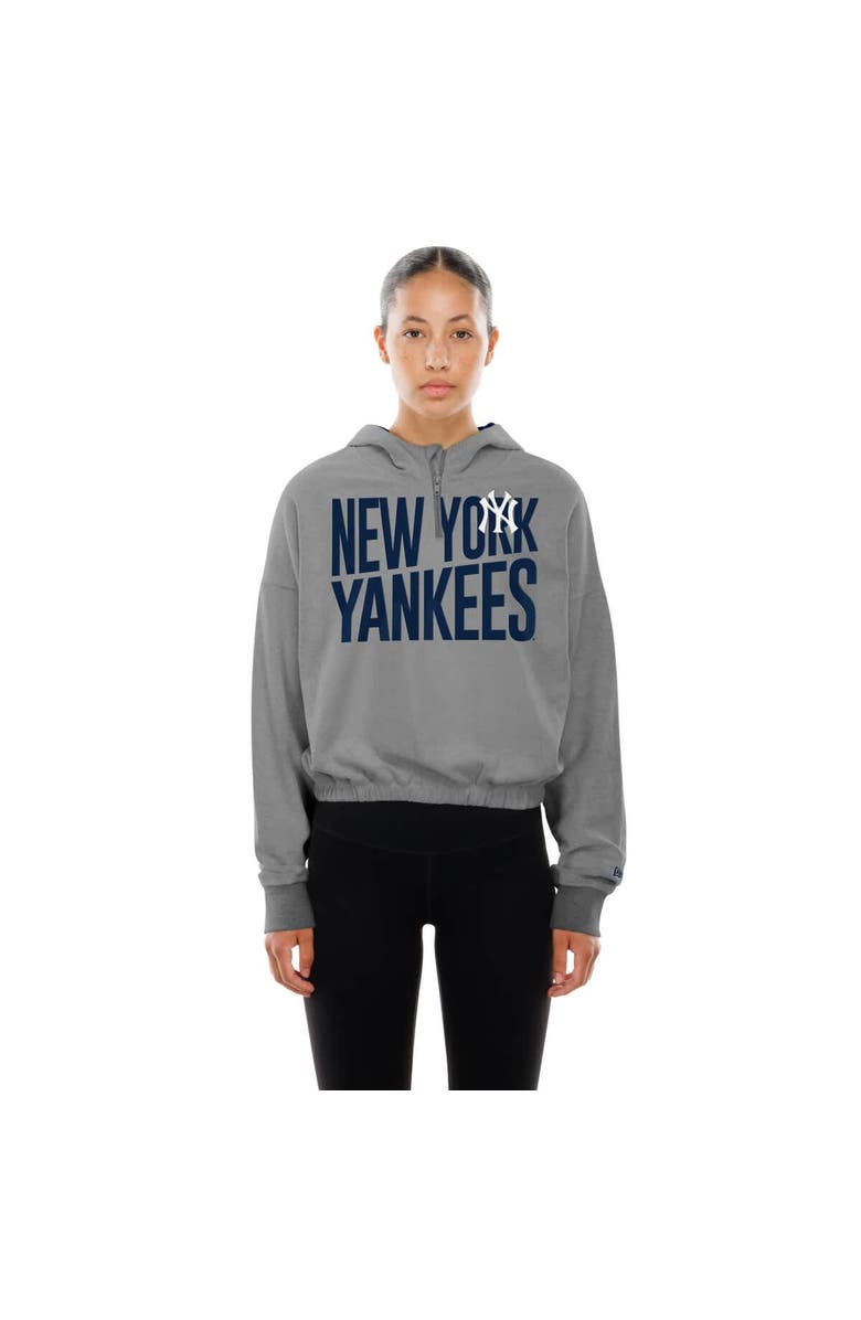New Era Women's New Era  Heather Gray New York Yankees Reversed Out French Terry Quarter-Zip Banded Crop Hoodie, Alternate, color, Heather Gray