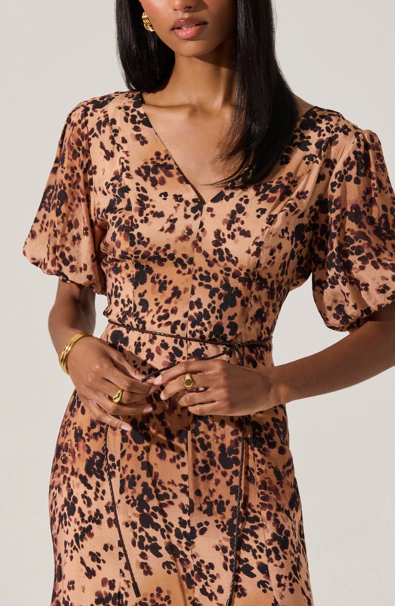 ASTR the Label Lavena Leopard Puff Sleeve Midi Dress, Alternate, color, Taupe Leopard Print