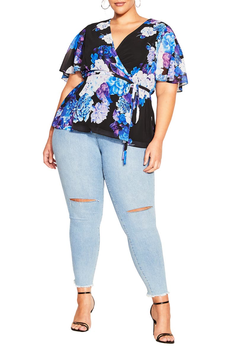 Carmen Floral Faux Wrap Top, Alternate, color, BLK HYDRANGEA