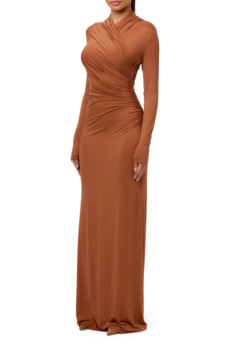 Overlap Neck Long Sleeve Maxi Dress, Alternate, color, BROWN SUGAR
