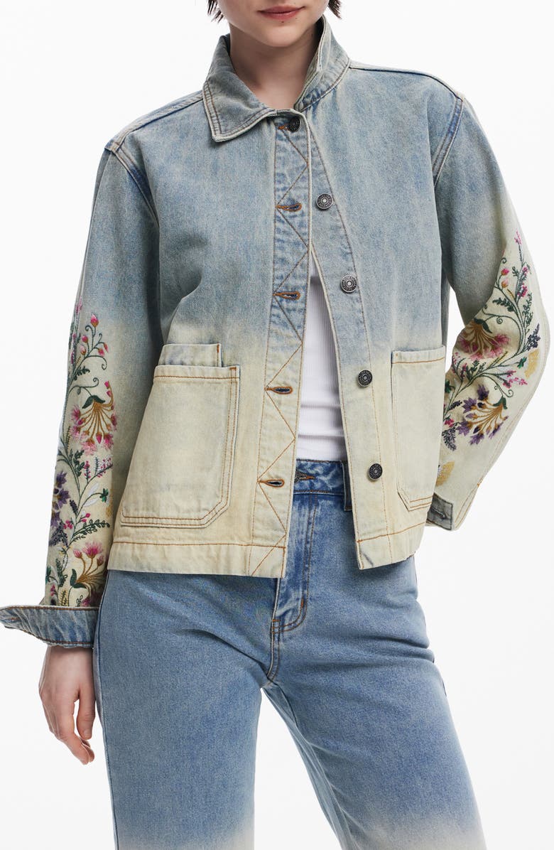 Desigual Floral Embroidery Ombré Denim Jacket, Main, color, Light Blue