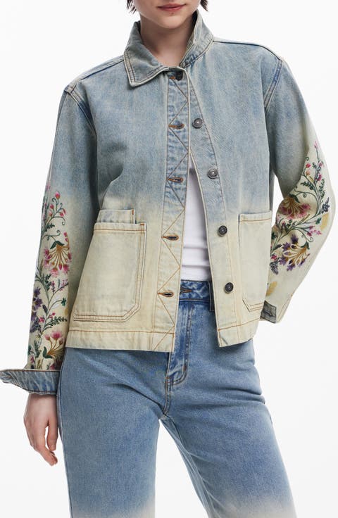 Floral Embroidery Ombré Denim Jacket