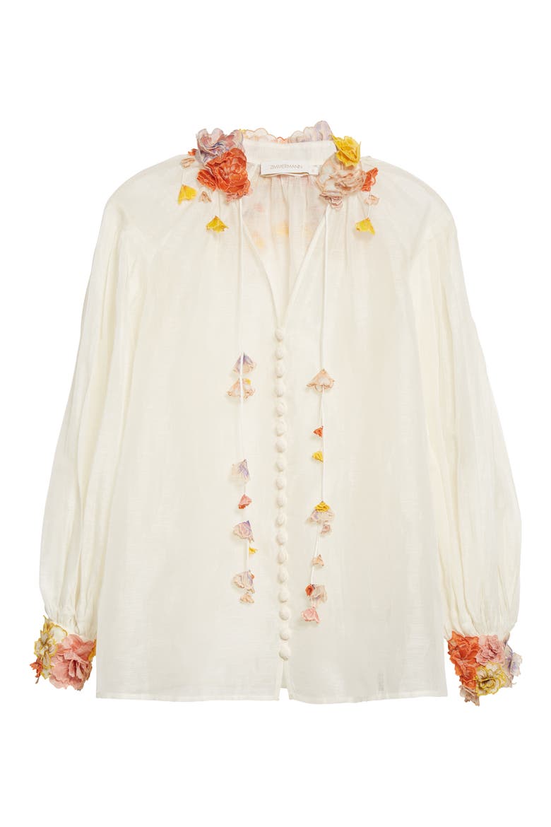 Postcard 3D Floral Appliqué Silk & Linen Organza Blouse, Alternate, color, IVORY