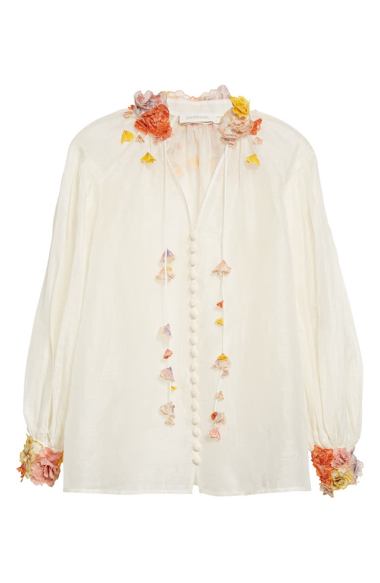 Zimmermann Postcard 3D Floral Appliqué Silk & Linen Organza Blouse, Alternate, color, 