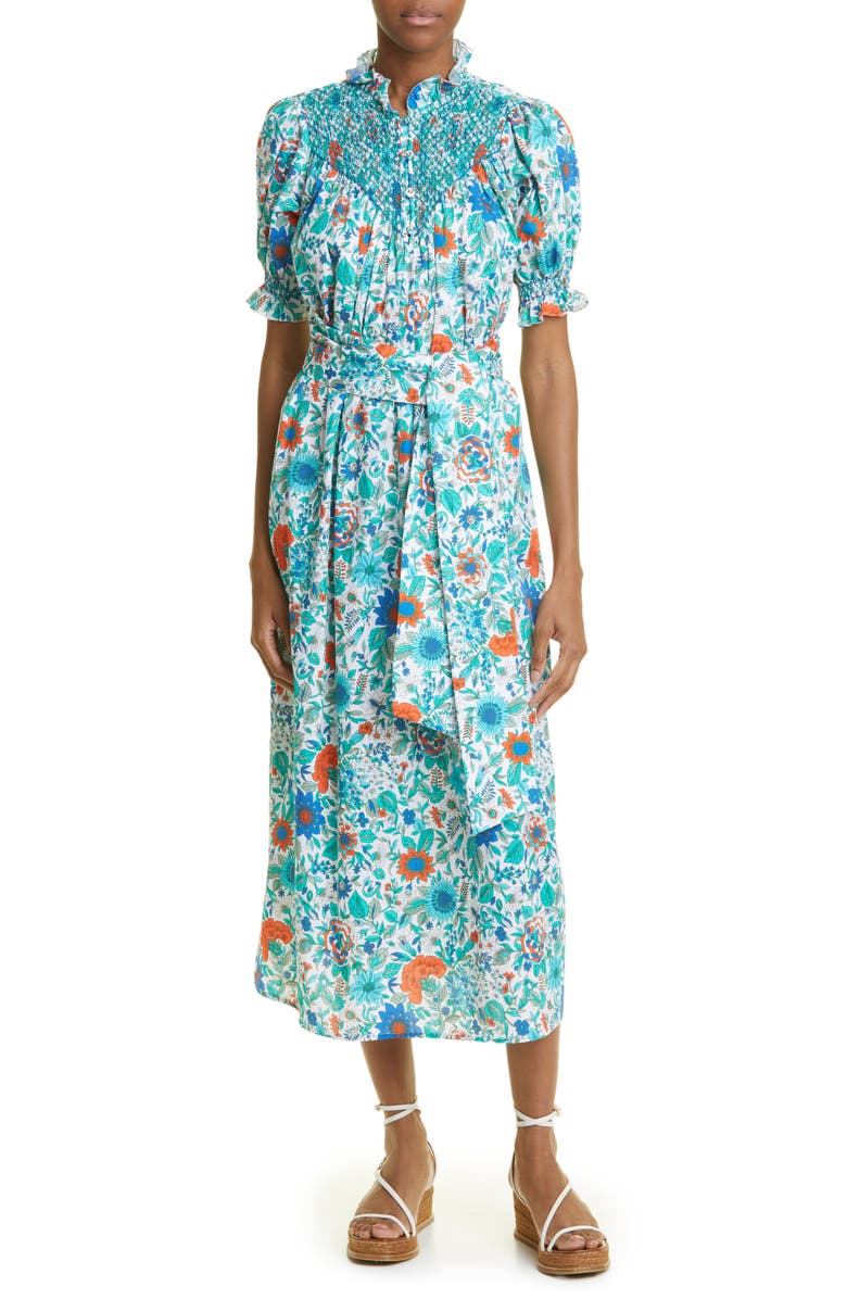 Loretta Caponi Elena Floral Puff Sleeve Smocked Maxi Dress, Main, color, 