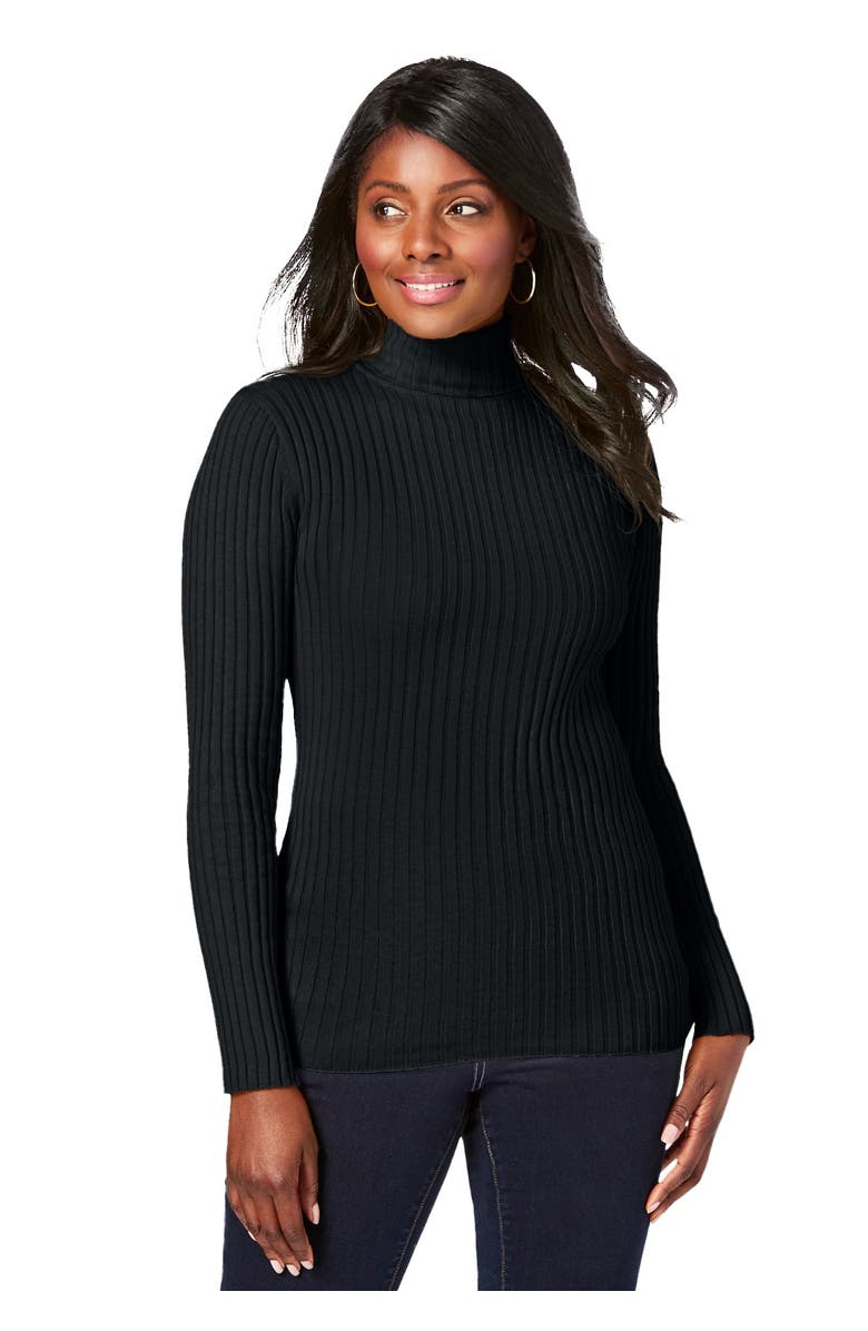 Jessica London Ribbed Cotton Turtleneck Sweater, Main, color, Black