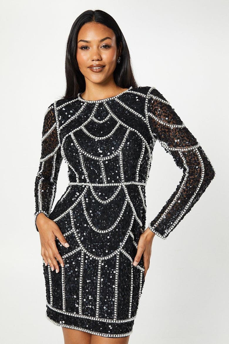 Long Sleeve Sequin Mini Dress, Main, color, Black
