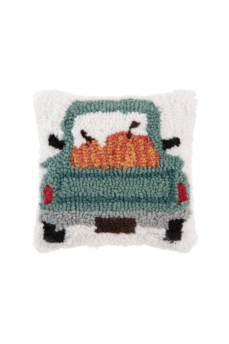 Pumpkin Pickup Truck Hooked Fall Mini Accent Pillow 8" x 8", Main, color, Blue