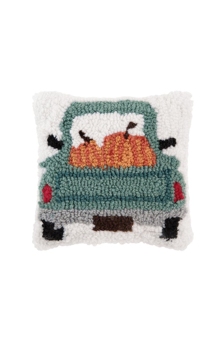 C&F Home Pumpkin Pickup Truck Hooked Fall Mini Accent Pillow 8" x 8", Main, color, Blue