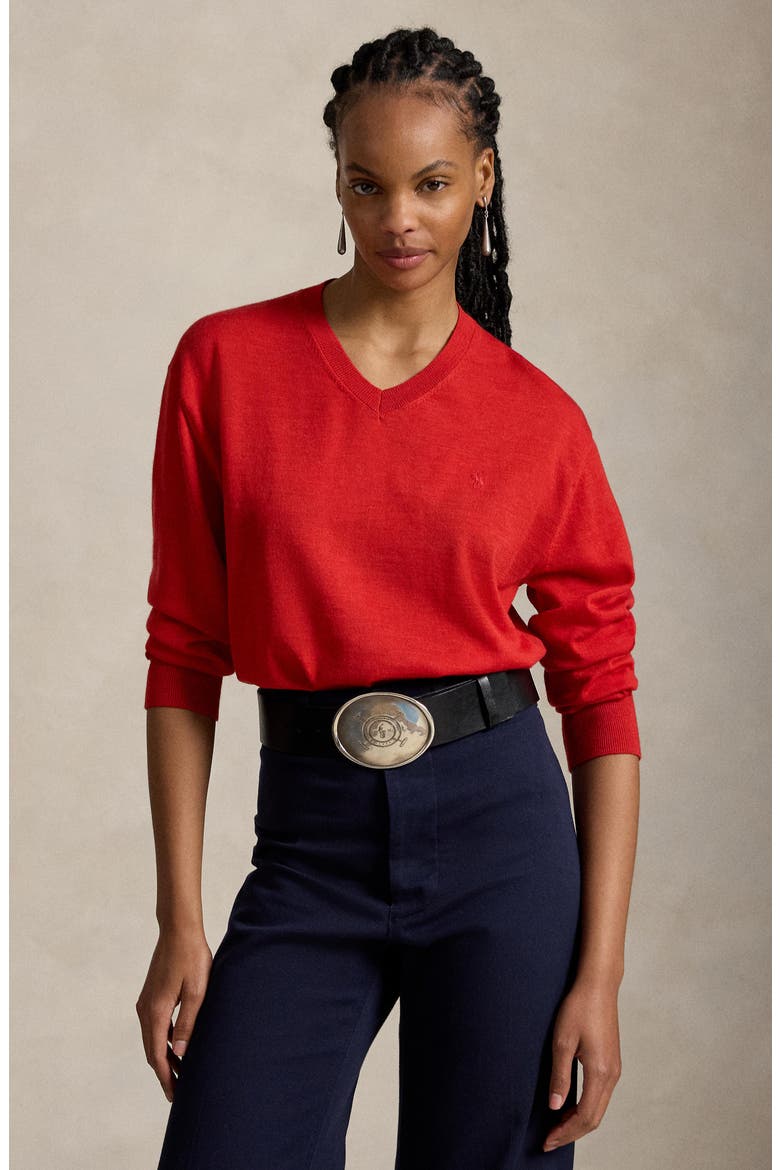 Merino Wool V-Neck Sweater, Alternate, color, FLANDERS RED HEATHER