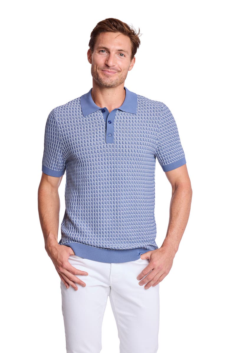 PAISLEY & GRAY Trim Fit Geometric Knit Polo, Alternate, color, Dusty Blue & White
