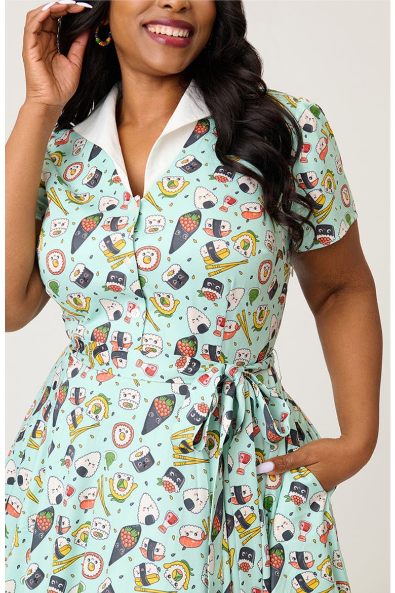 Plus Size 1950s Collared Shirt Dress, Alternate, color, Green Sushi Print