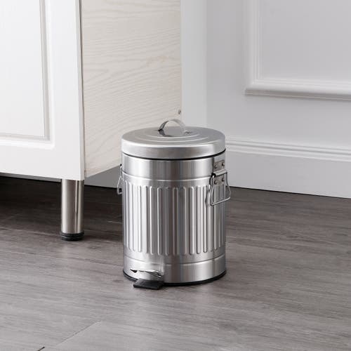 Happimess Theo Retro 8-gallon Step Trash Can With Soft-close Lid And Mini Trash Can In Silver