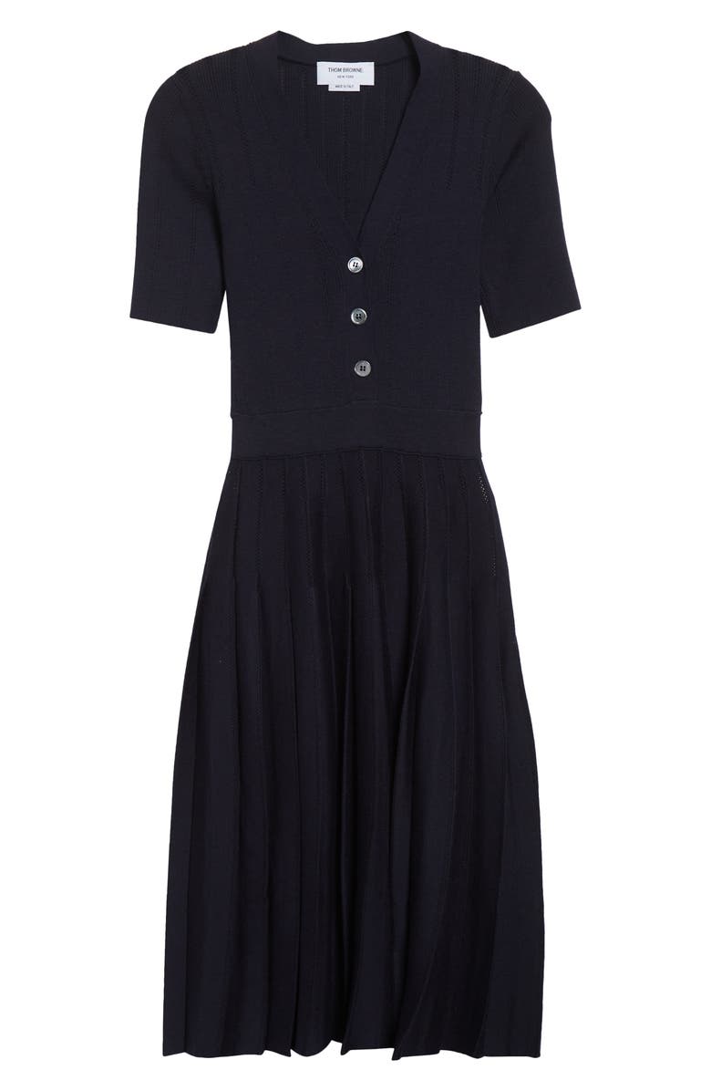 Thom Browne Mixed Stitch Wool & Silk Midi Dress, Alternate, color, Navy