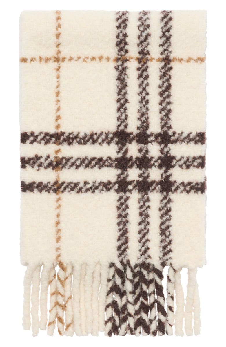 Burberry Check Alpaca & Wool Blend Bouclé Fringe Scarf, Alternate, color, Pebble White