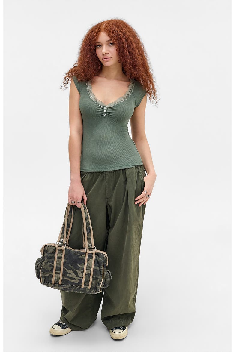 Diana Lace Trim Rib Knit Top, Alternate, color, KHAKI