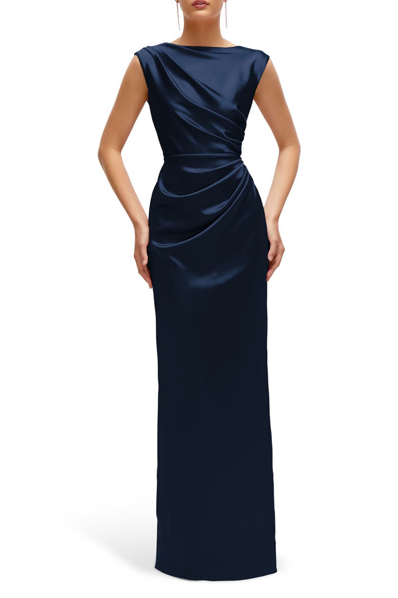 Pleated Cap Sleeve Charmeuse Gown, Main, color, MIDNIGHT
