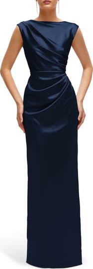 Pleated Cap Sleeve Charmeuse Gown
