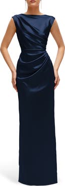 After Six Pleated Cap Sleeve Charmeuse Gown