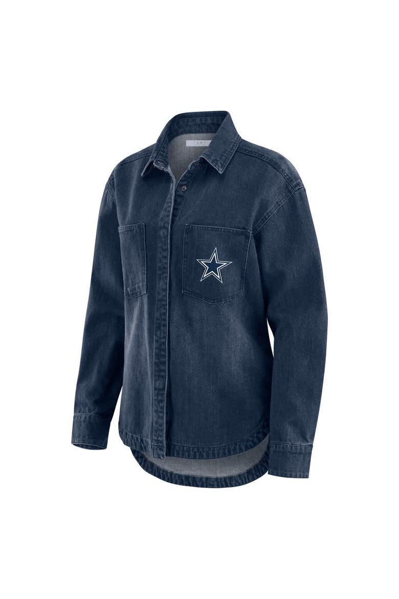 Women's WEAR by Erin Andrews Denim Dallas Cowboys Washed Oversized Denim Full-Snap Shacket, Alternate, color, Denim