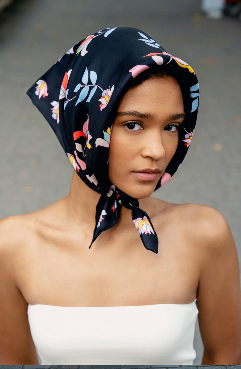 Jessie Zhao New York Double Sided Silk Scarf Midnight Garden, Alternate, color, Black