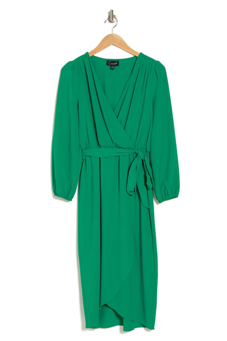 Long Sleeve Faux Wrap Midi Dress, Alternate, color, GREEN