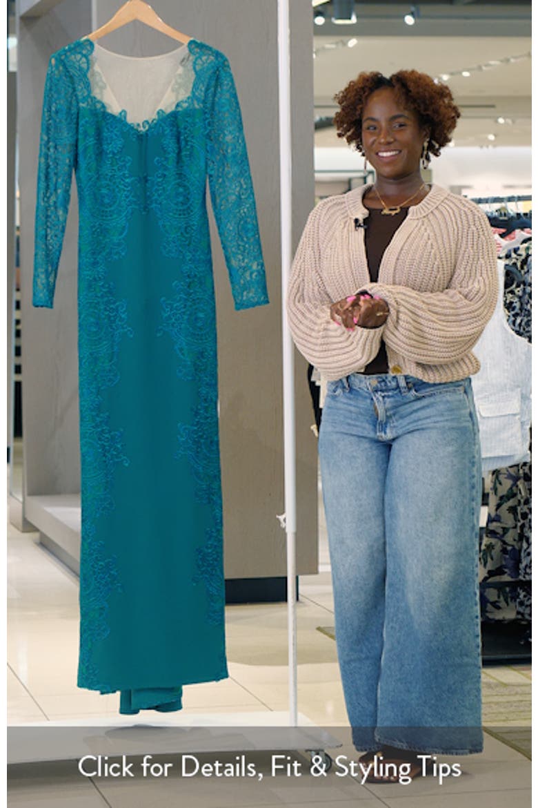 Embroidered Lace Long Sleeve Crepe Gown video