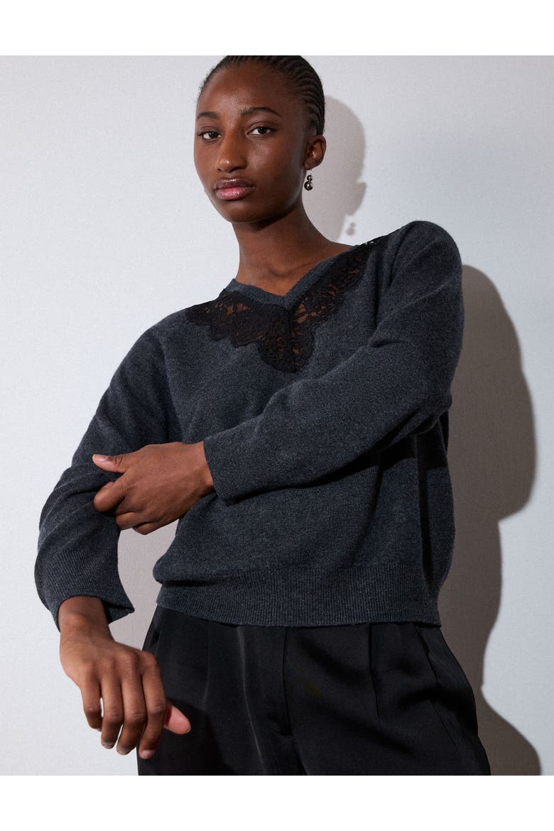 Wool Mix Lace Trim Knit Sweater, Main, color, Dark Grey