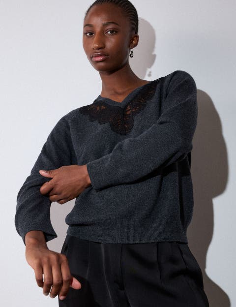 Wool Mix Lace Trim Knit Sweater