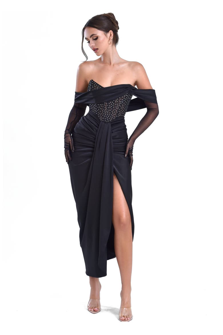 Stella Off Shoulder Crystal Corset Satin Gown, Alternate, color, Black