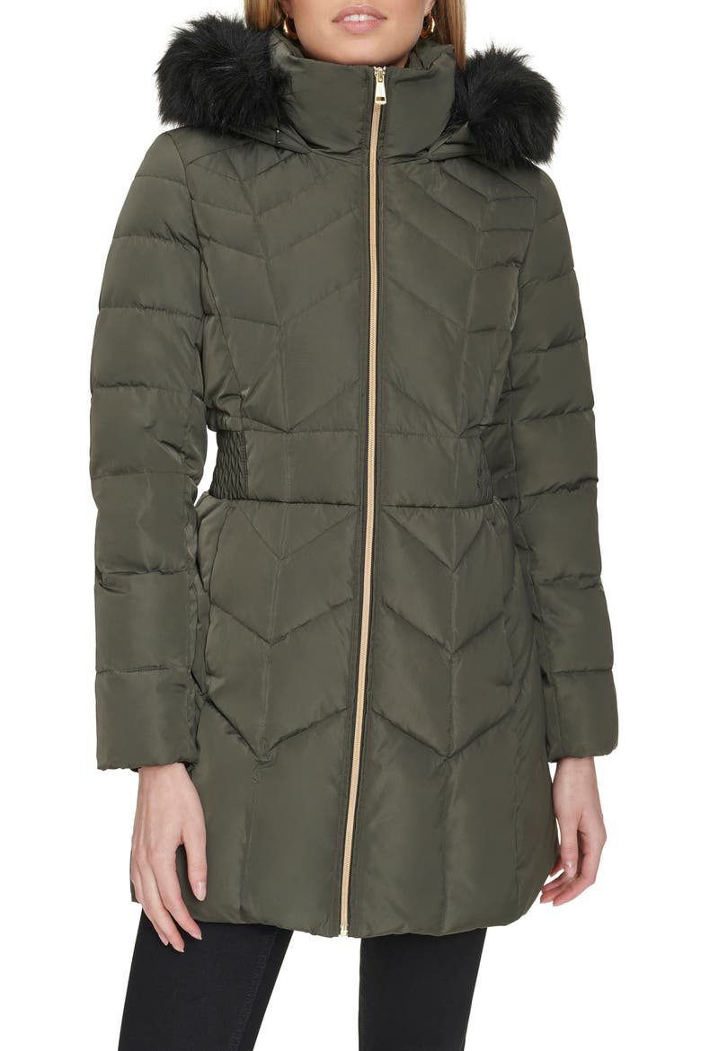 Faux Fur Trim Down & Feather Fill Hooded Jacket, Main, color, FOREST