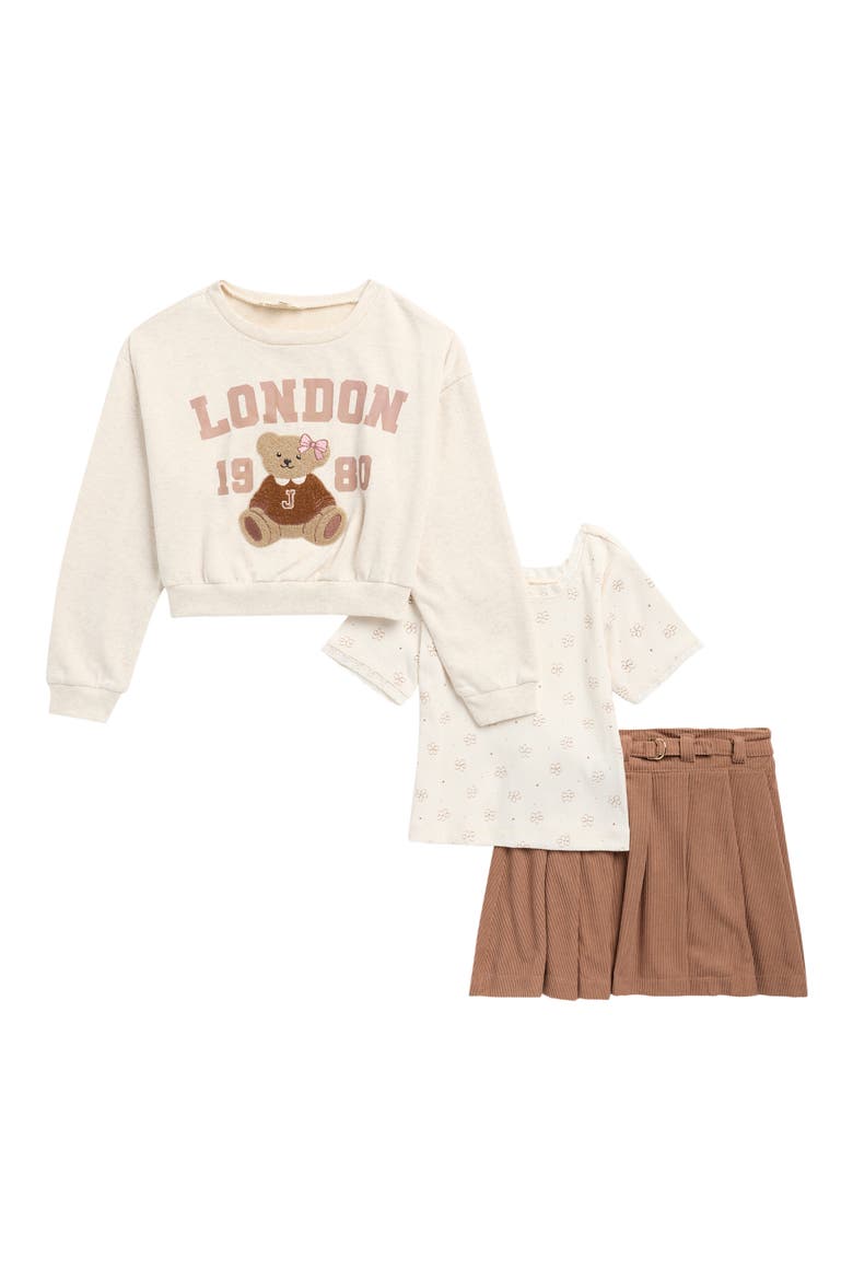 Kids' London Graphic Pullover, Floral T-Shirt & Corduroy Skirt Set, Main, color, OATMEAL