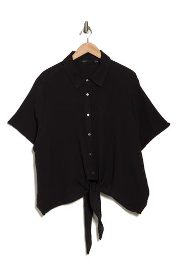 T Tahari Short Sleeve Gauze Tie Camp Shirt In Black