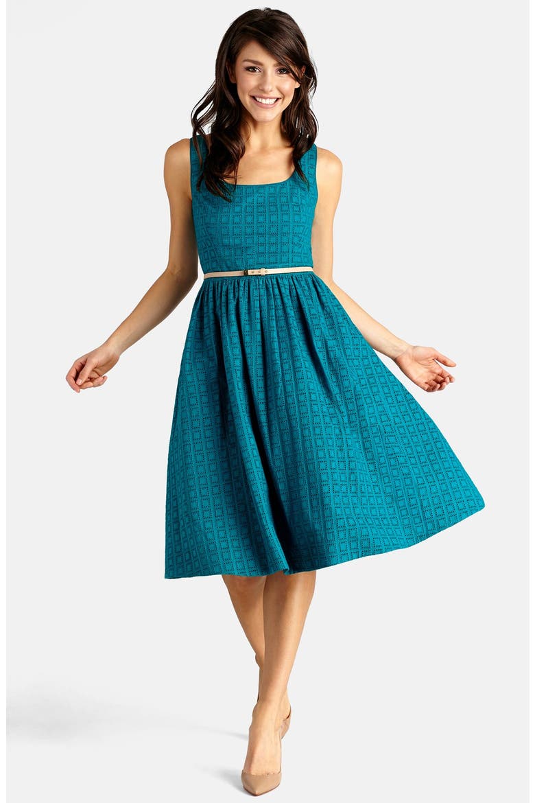 Belted Eyelet Lace Fit & Flare Dress, Main, color, TEAL