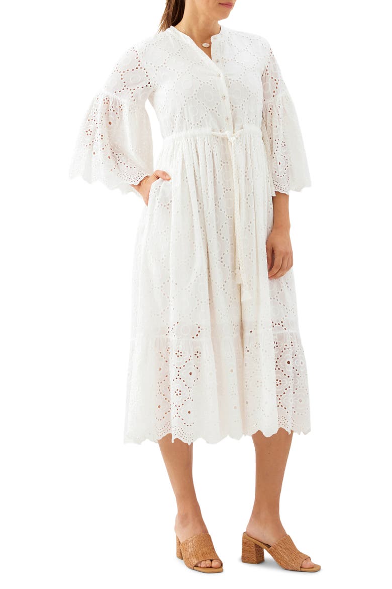 Tiered Cotton Eyelet Midi Dress, Alternate, color, OFF WHITE