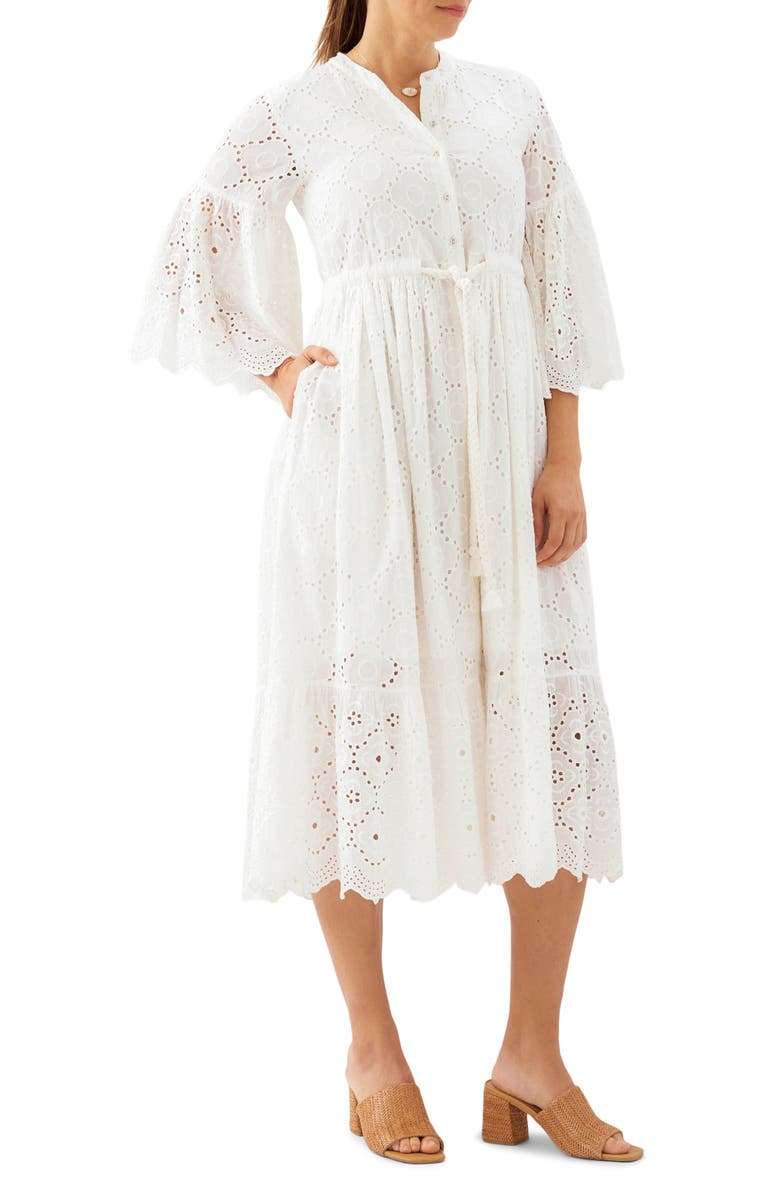 Karen Kane Tiered Cotton Eyelet Midi Dress, Alternate, color, Off White