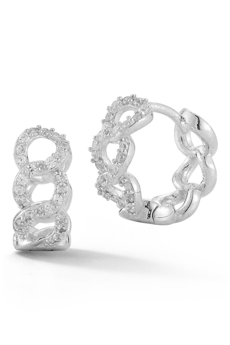 Cubic Zirconia Curb Link Huggie Hoop Earrings, Main, color, SILVER
