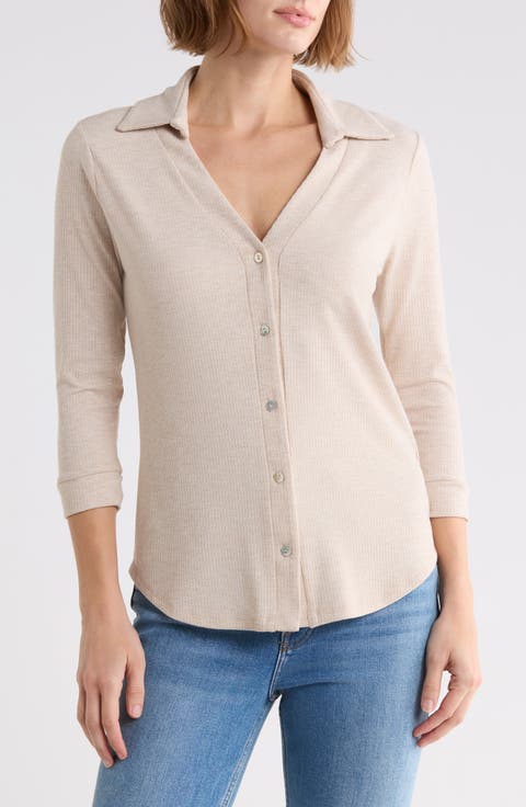 Ribbed Button Front Three Quarter Sleeve Top